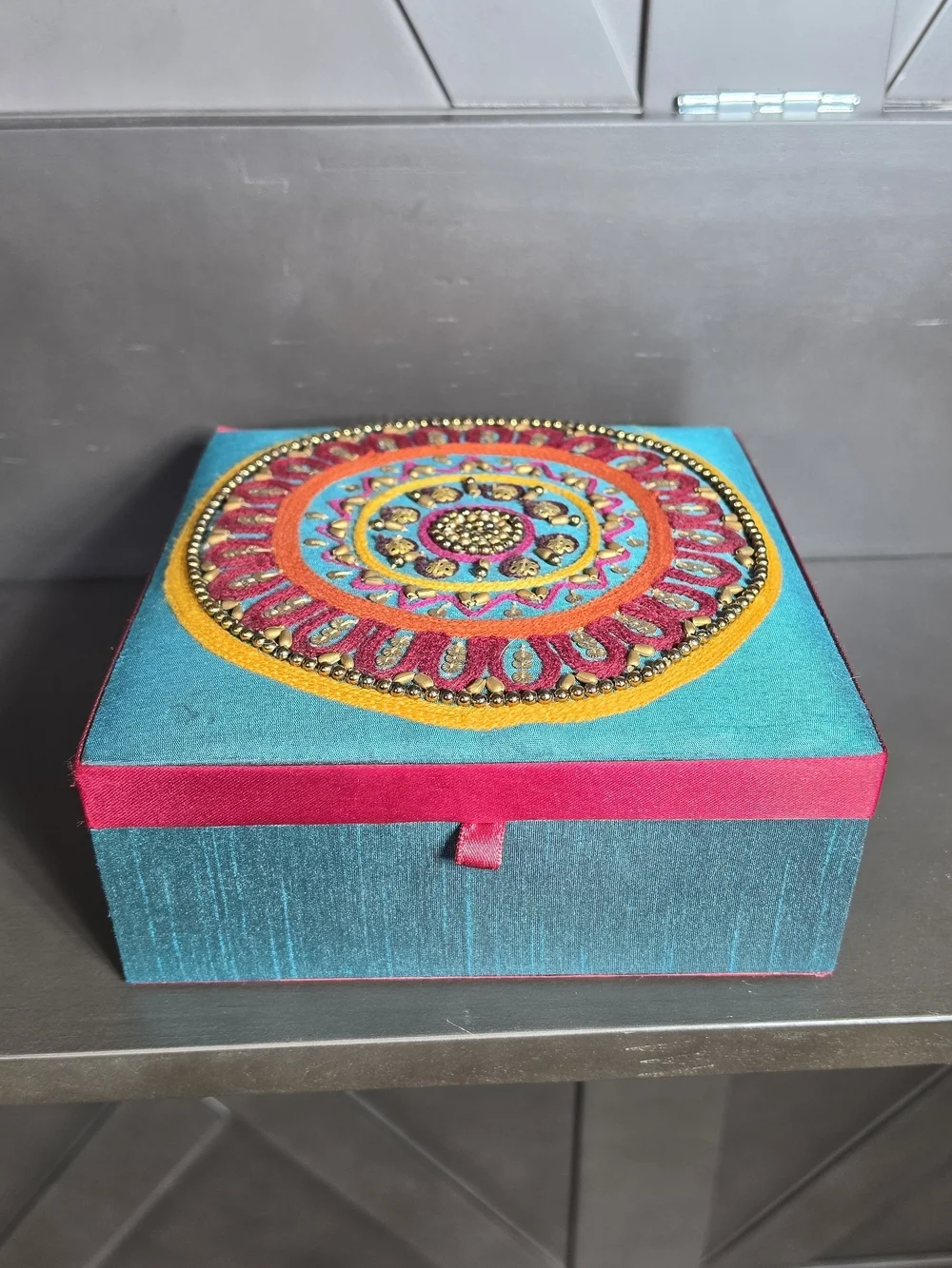 Jewelry Box With Mirror Beaded Fabric Covered Handmade In India Teal & Pink